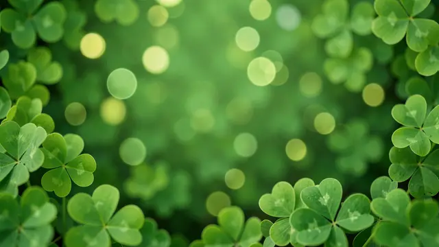 Sharp four-leaf clover border frames soft green and gold bokeh with empty central copy space