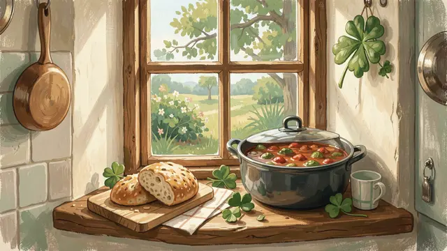 Gouache illustration of a cottage kitchen windowsill set with soda bread, stew, and shamrocks for St Patrick's Day