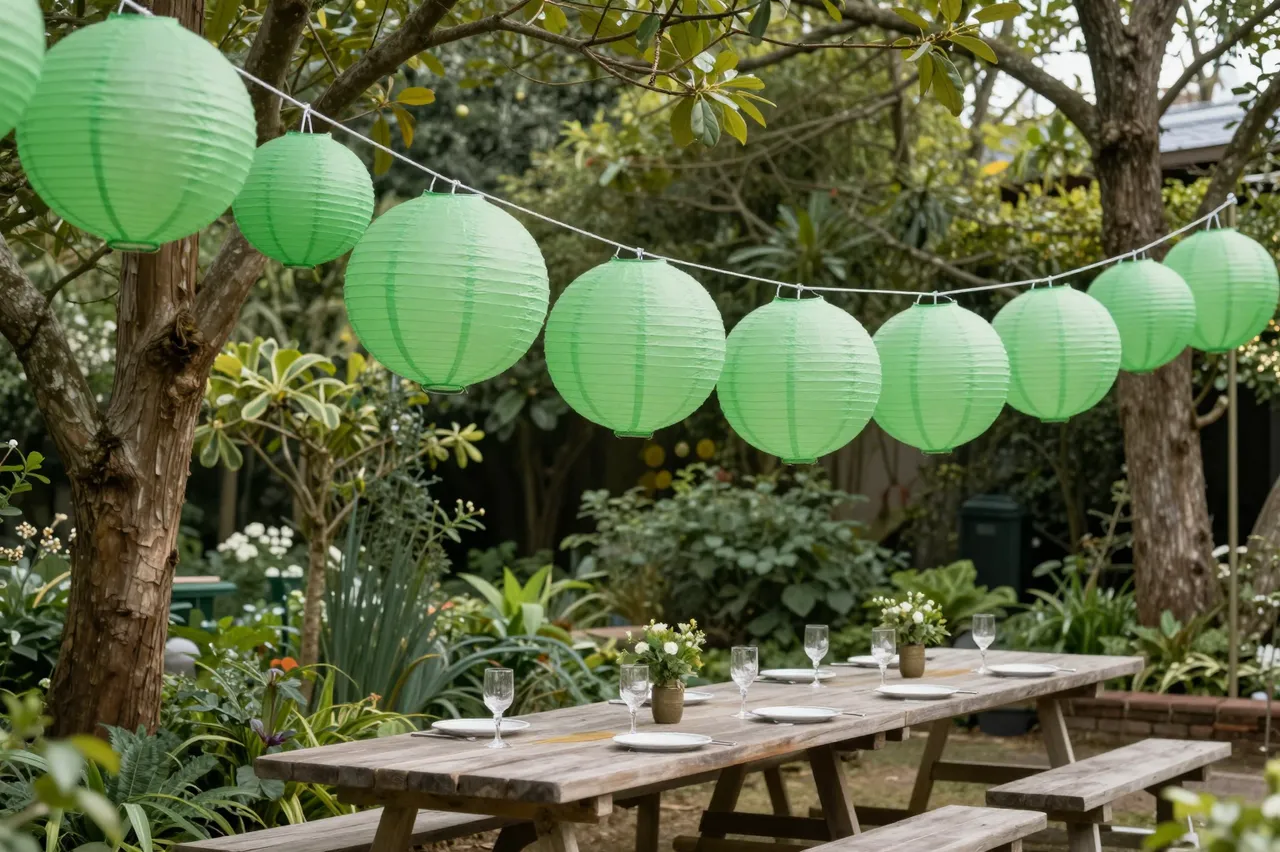 Long wooden outdoor dining table with strung green paper lanterns above it in a lush garden setting