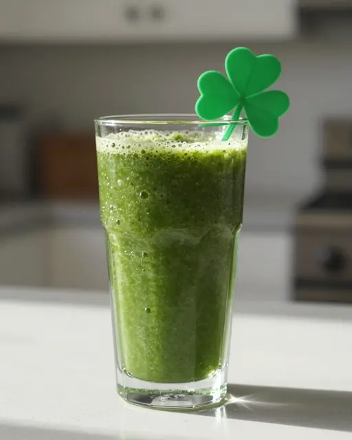 Tall glass of frothy green smoothie with a shamrock stirrer sits on a sunlit kitchen counter.