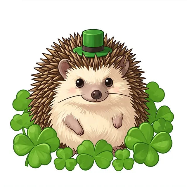 A cute cartoon hedgehog wearing a tiny green top hat sits surrounded by green shamrocks on a plain white background