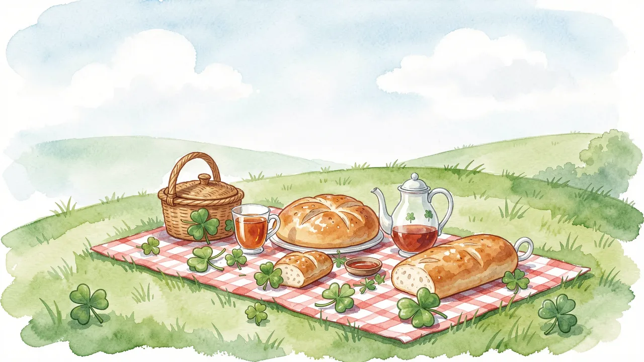 Watercolor illustration of a shamrock-decorated St Patrick's Day picnic spread on a green grassy hill