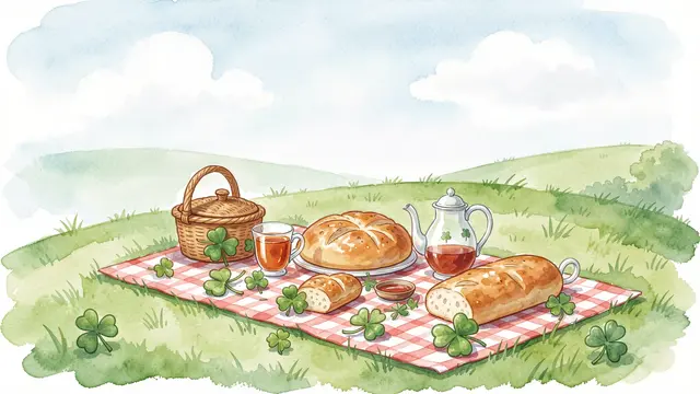 Watercolor illustration of a shamrock-decorated St Patrick's Day picnic spread on a green grassy hill