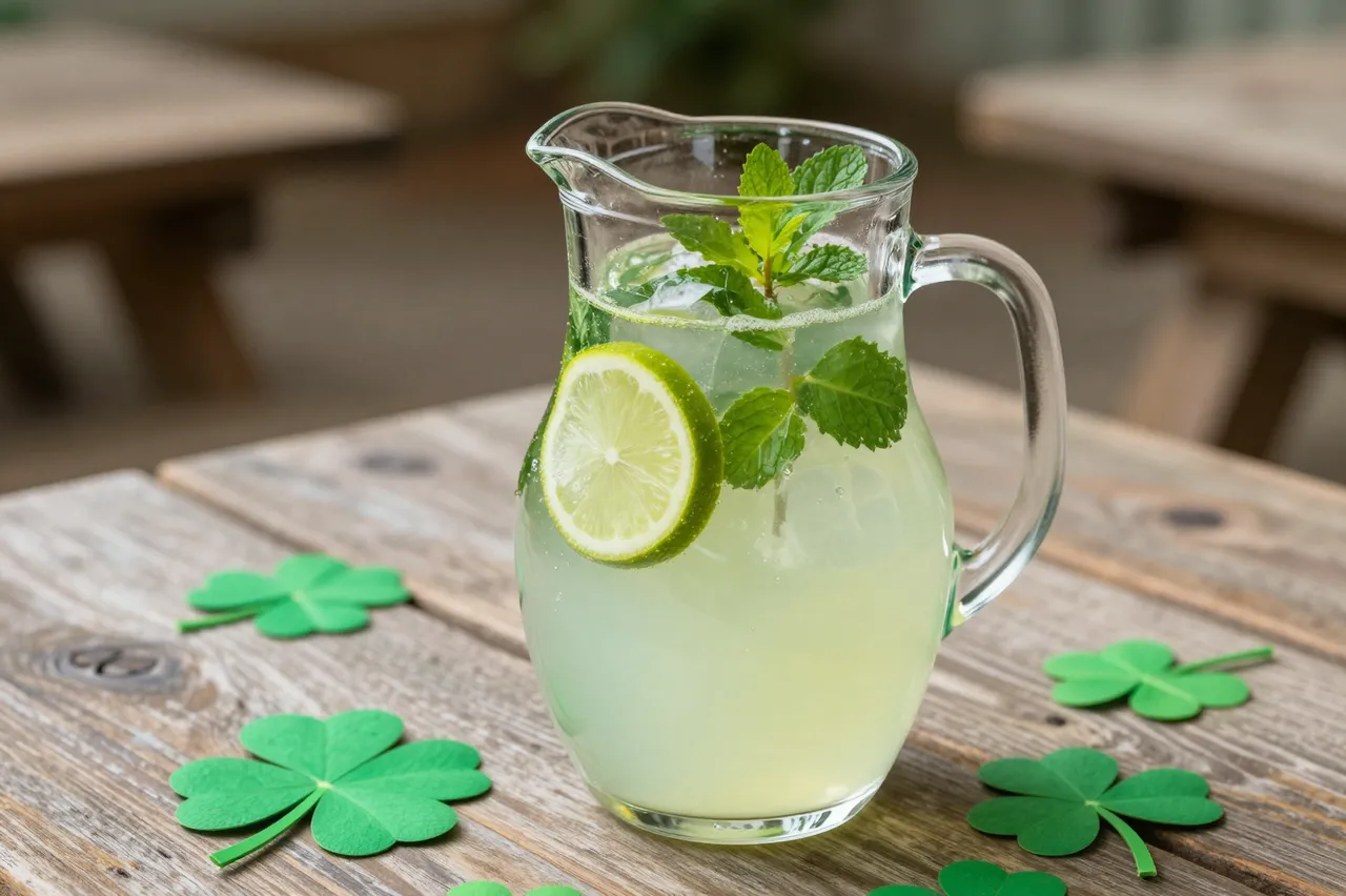 Glass pitcher of lime mint lemonade sits with shamrock decorations on a wooden picnic table