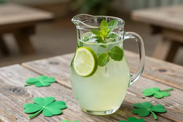 Glass pitcher of lime mint lemonade sits with shamrock decorations on a wooden picnic table
