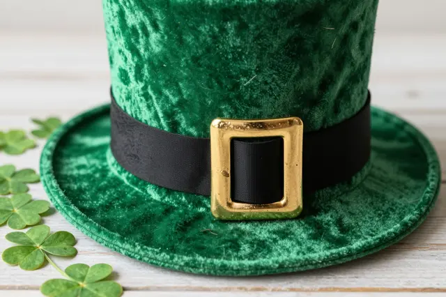 Green velvet leprechaun hat with a gold buckle sits beside fresh four-leaf clovers on a light wood table.