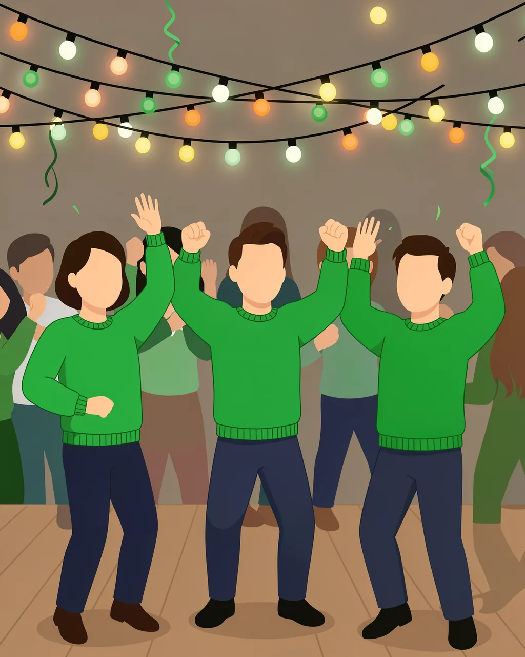 Faceless friends in green sweaters dance under glowing string lights at a festive indoor party