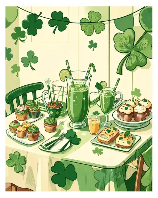 Mid-century illustrated St Patrick's Day table set with green punch, cupcakes, and shamrock decor.