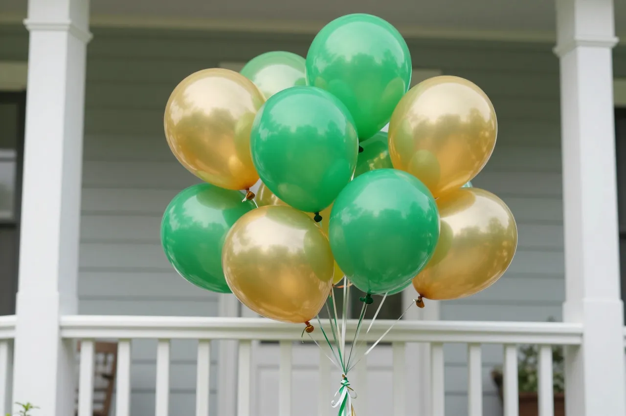 A cluster of shiny green and gold balloons positioned in front of a residential house porch railing