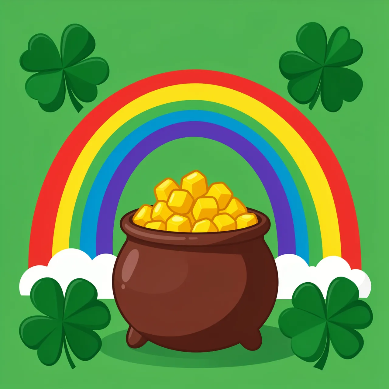 A flat illustration of a pot of gold, rainbow, and four leaf clovers on a solid green background