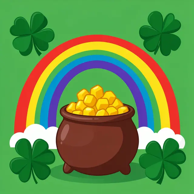 A flat illustration of a pot of gold, rainbow, and four leaf clovers on a solid green background