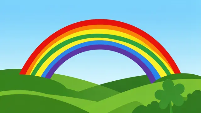 A bright rainbow arches over rolling green hills with an empty light blue sky above