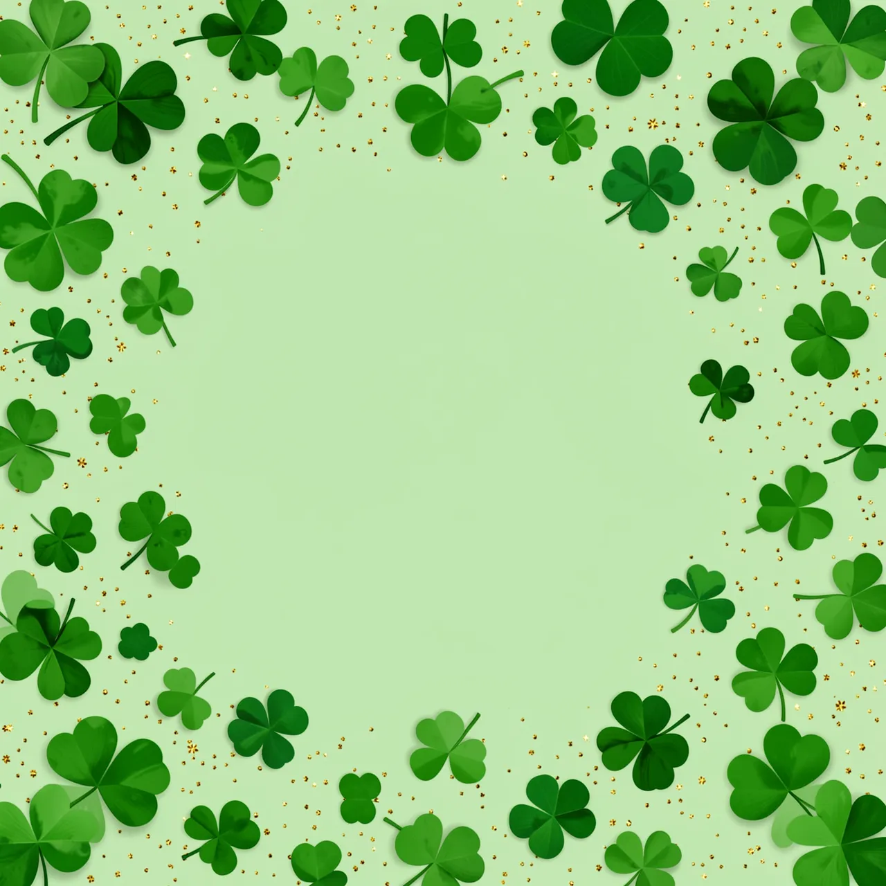 A pale green background framed by scattered shamrocks and tiny gold glitter sparkles with empty central copy space