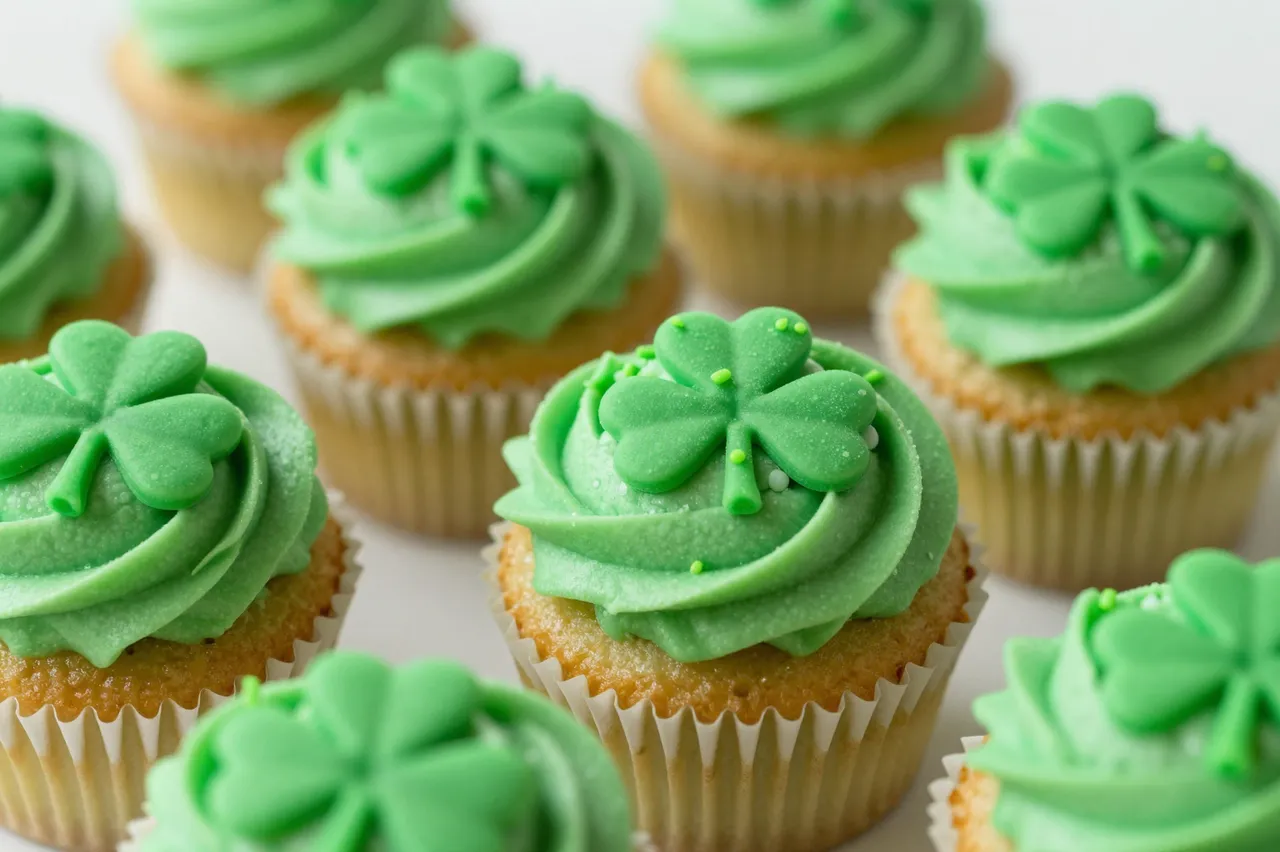 Close-up of frosted green cupcakes decorated with fondant shamrock toppers arranged on a light surface