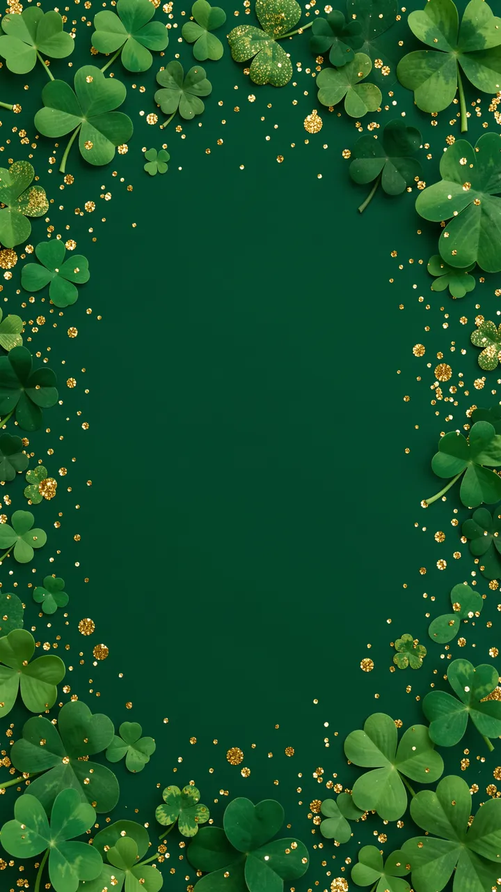 Vertical deep emerald background framed by green shamrocks and scattered gold glitter with empty center copy space