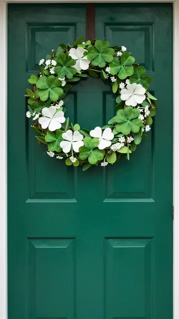 A green paneled front door displays a festive wreath of shamrocks and white St. Patrick's Day flowers.