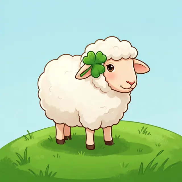 A cute fluffy cartoon sheep stands on a green hill with a four-leaf clover tucked behind its ear