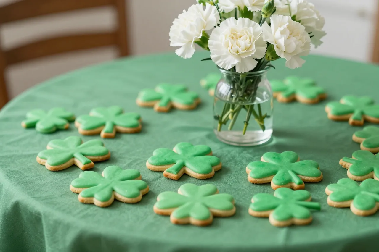 Round table with green tablecloth holds shamrock cookies and a vase of white carnations