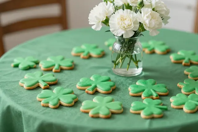 Round table with green tablecloth holds shamrock cookies and a vase of white carnations