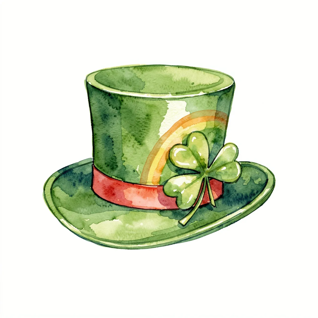 Watercolor illustration of a green top hat decorated with a shamrock and a small rainbow