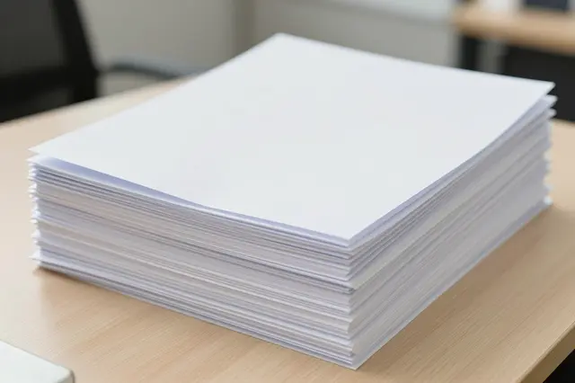A neat thick stack of blank white paper rests on a light wood office desk with a blurred office background.