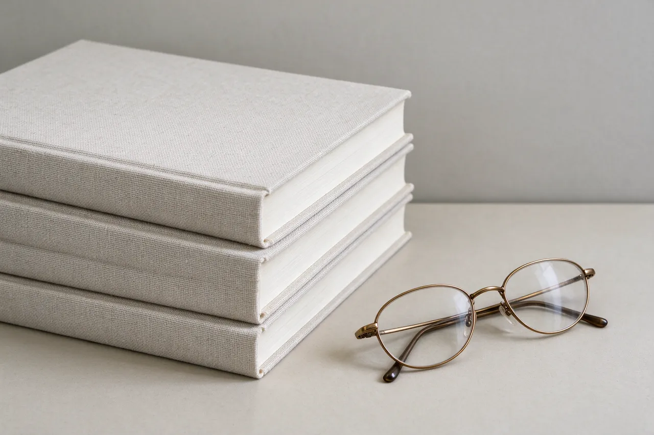 A stack of plain linen hardcover books sits beside gold frame reading glasses on a neutral tabletop
