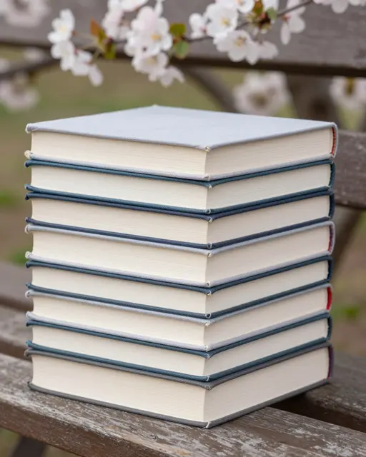 A stack of plain cloth-bound closed books rests on a weathered wooden garden bench under blossoming tree branches