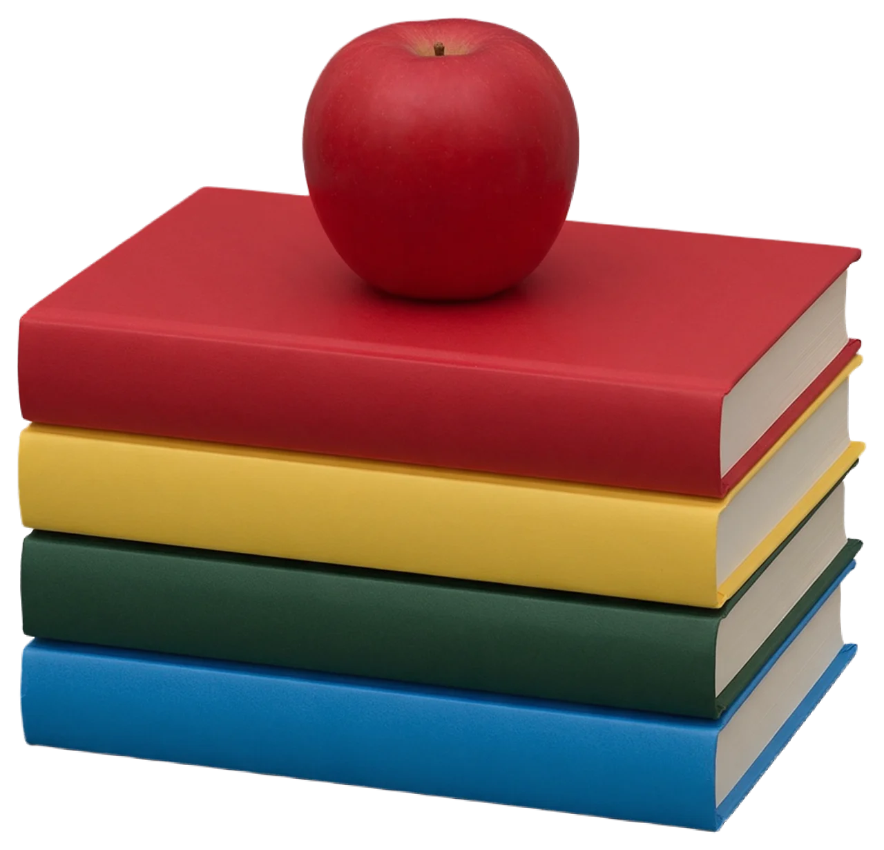 A neat stack of four colored hardcover books topped with a whole red apple