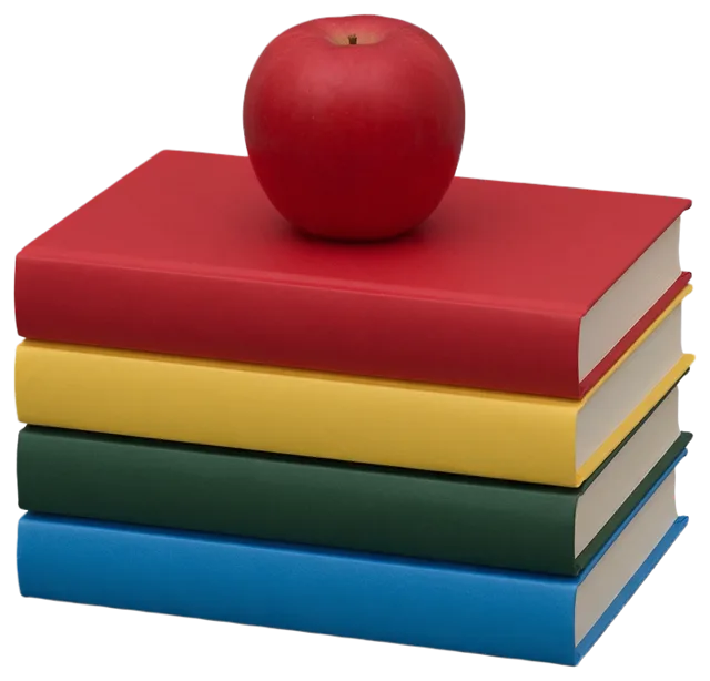 A neat stack of four colored hardcover books topped with a whole red apple