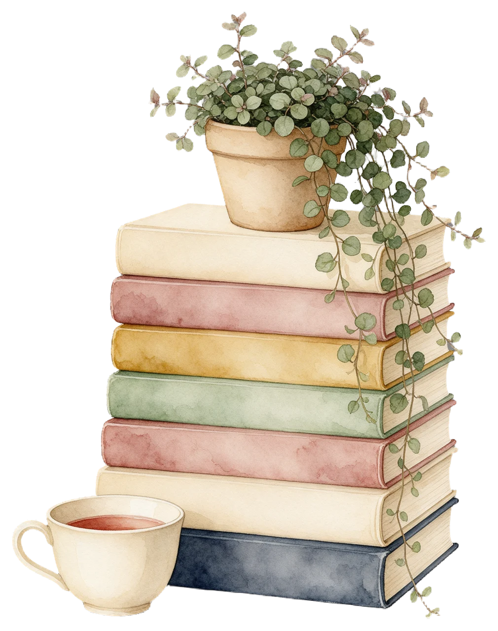 Watercolor illustration of a stack of books, potted trailing plant on top, and a teacup beside them