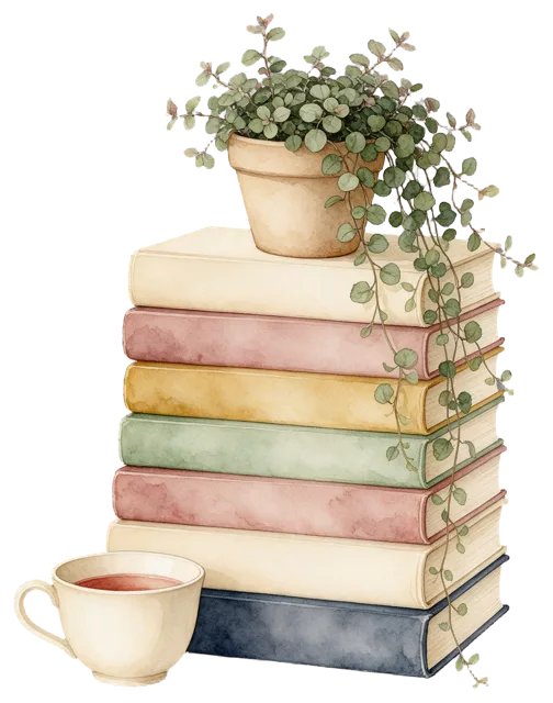 Watercolor illustration of a stack of books, potted trailing plant on top, and a teacup beside them