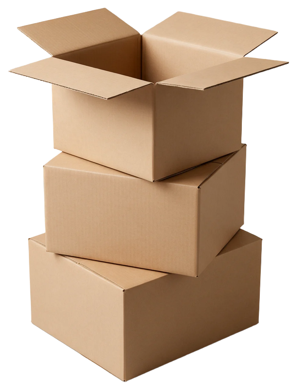 Three brown cardboard boxes stacked with the top box open with extended flaps