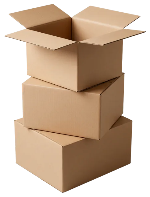 Three brown cardboard boxes stacked with the top box open with extended flaps