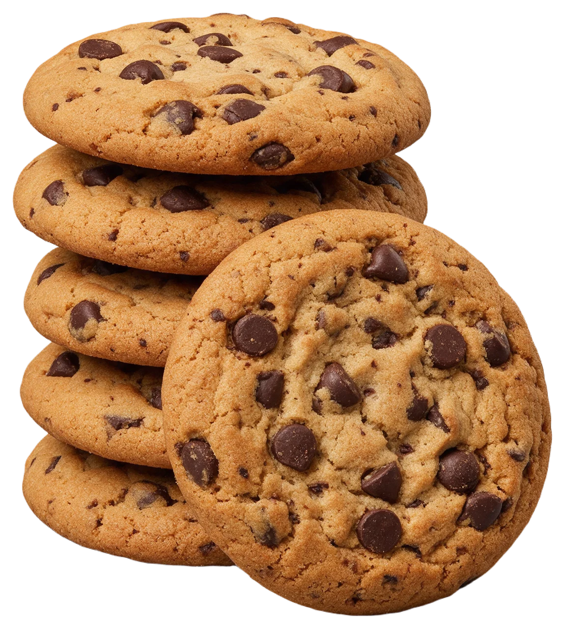 Five chocolate chip cookies stacked with one additional cookie leaning against the stack