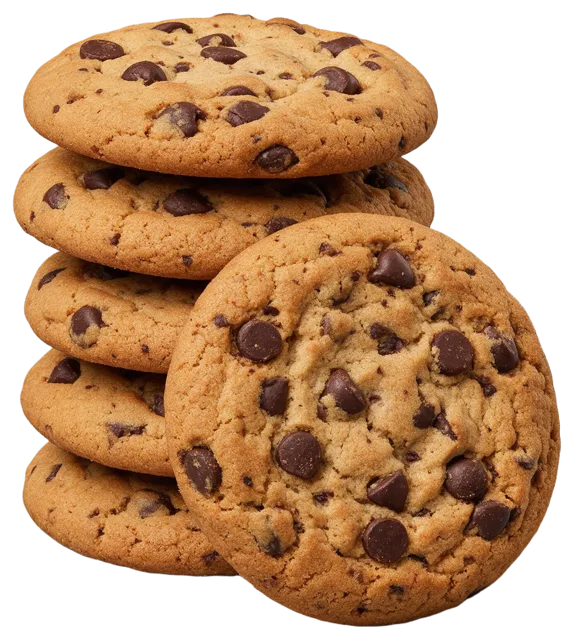 Five chocolate chip cookies stacked with one additional cookie leaning against the stack