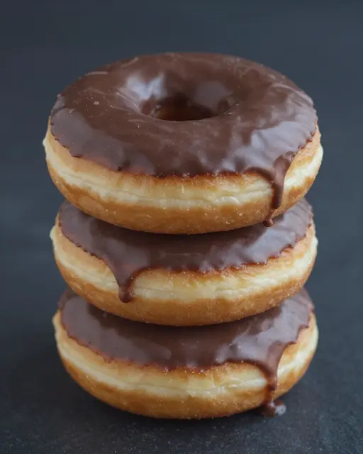Three stacked chocolate glazed donuts with dripping icing against a dark matte background