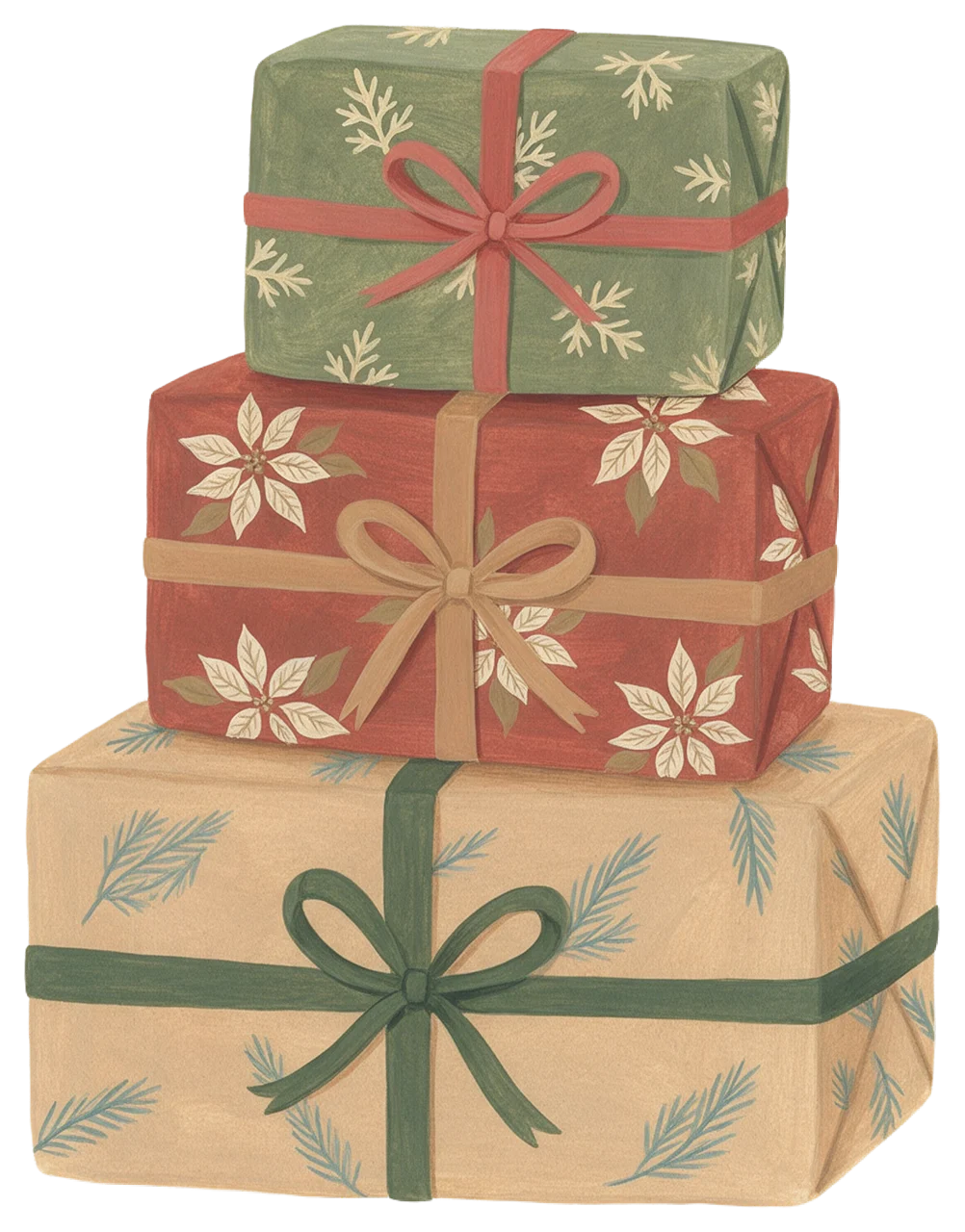 Gouache illustration of three stacked wrapped Christmas gifts with patterned paper and ribbon bows