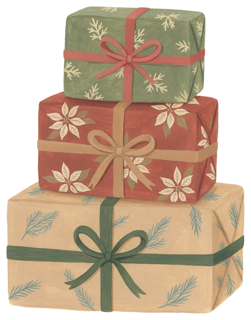 Gouache illustration of three stacked wrapped Christmas gifts with patterned paper and ribbon bows