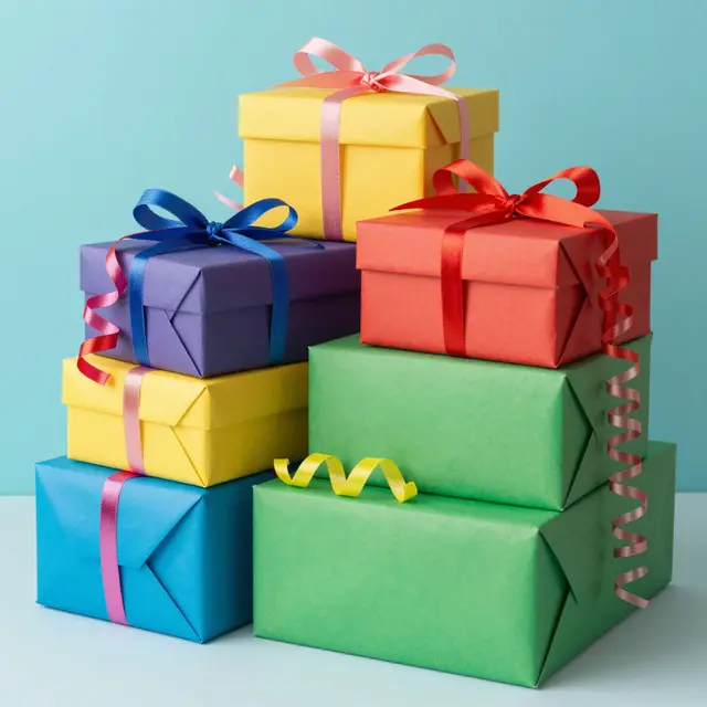 A neatly stacked pile of bright wrapped gift boxes with curly satin ribbons against a turquoise studio backdrop