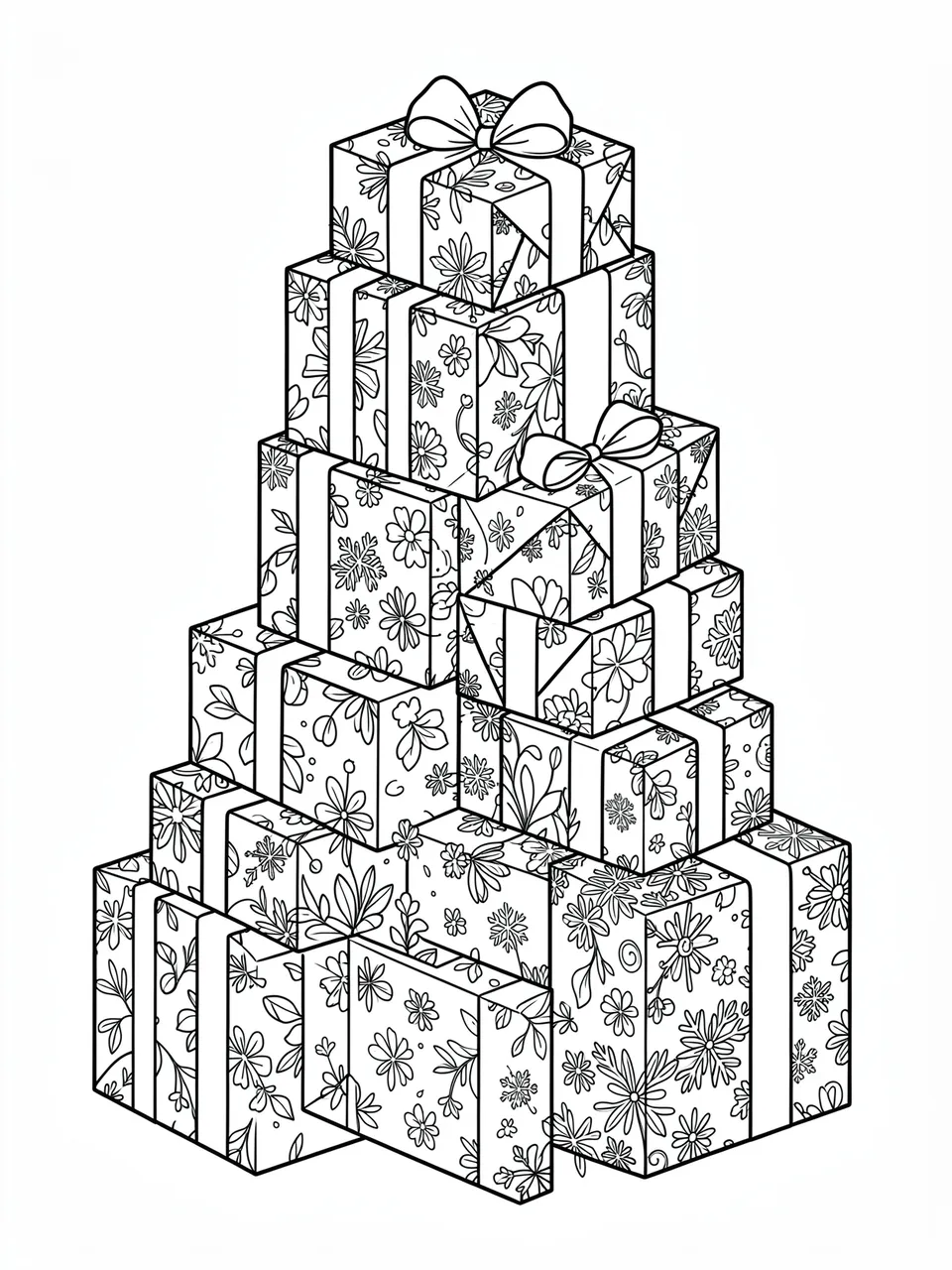 Black and white line art of a tall tiered stack of intricately patterned wrapped presents on a plain white background.