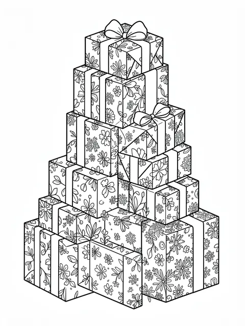 Black and white line art of a tall tiered stack of intricately patterned wrapped presents on a plain white background.