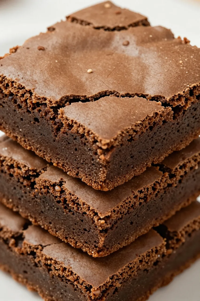 A close-up of a stacked pile of brownies with crackly matte tops resting on a light plain surface