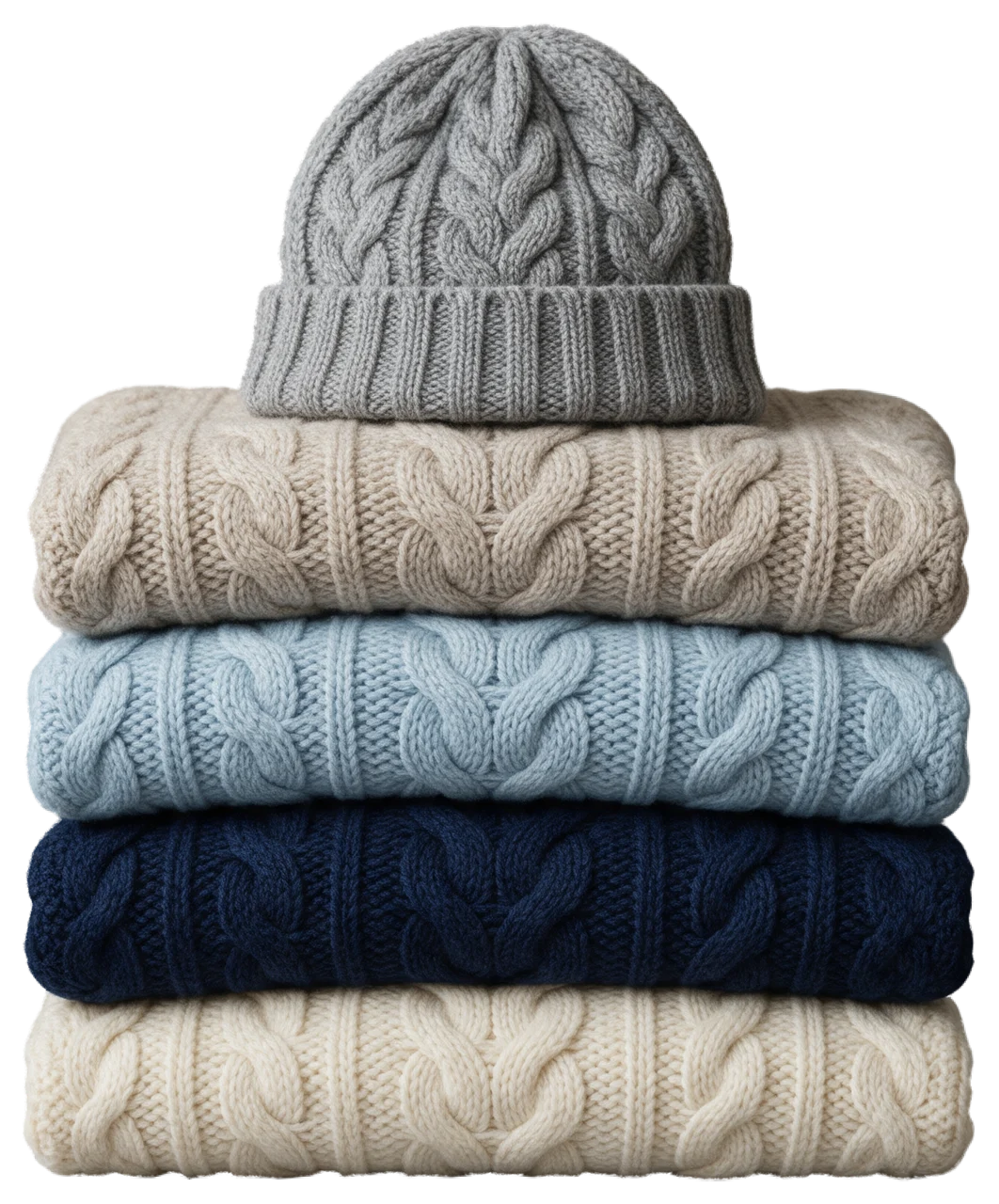 A neat stack of folded cable knit sweaters topped with a grey knit beanie
