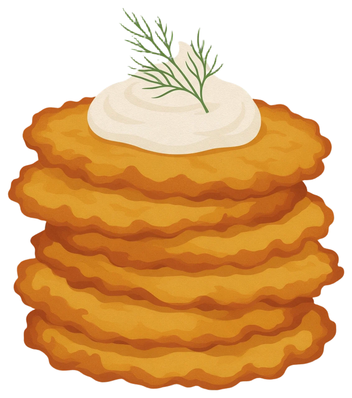 Illustration of a stack of crispy golden latkes topped with sour cream and a dill sprig