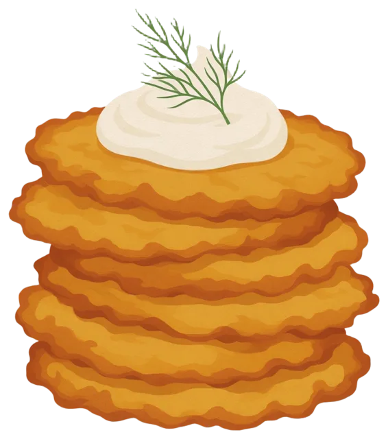 Illustration of a stack of crispy golden latkes topped with sour cream and a dill sprig