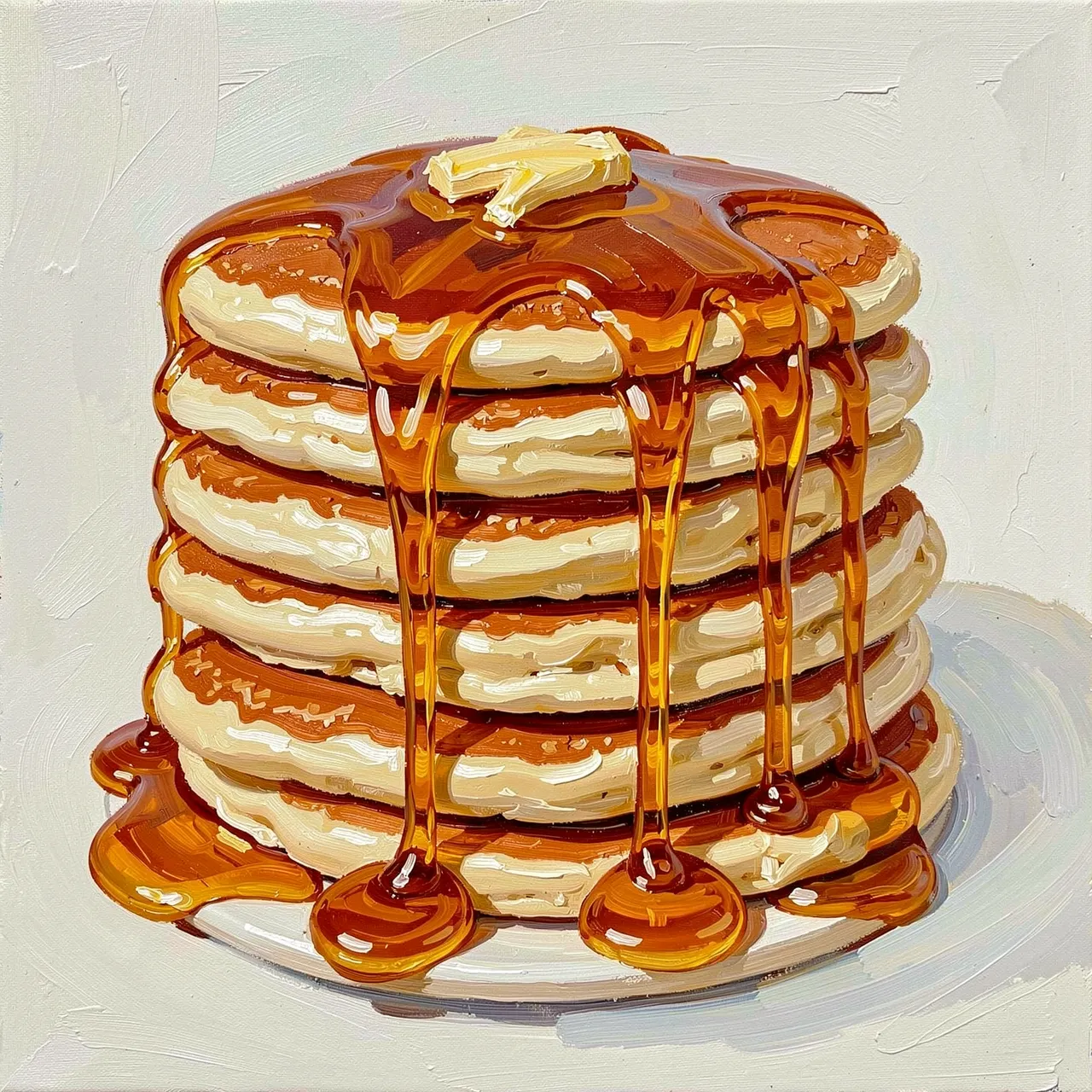 Thick impasto oil painting of a tall stack of pancakes topped with melting butter and dripping maple syrup on a plate