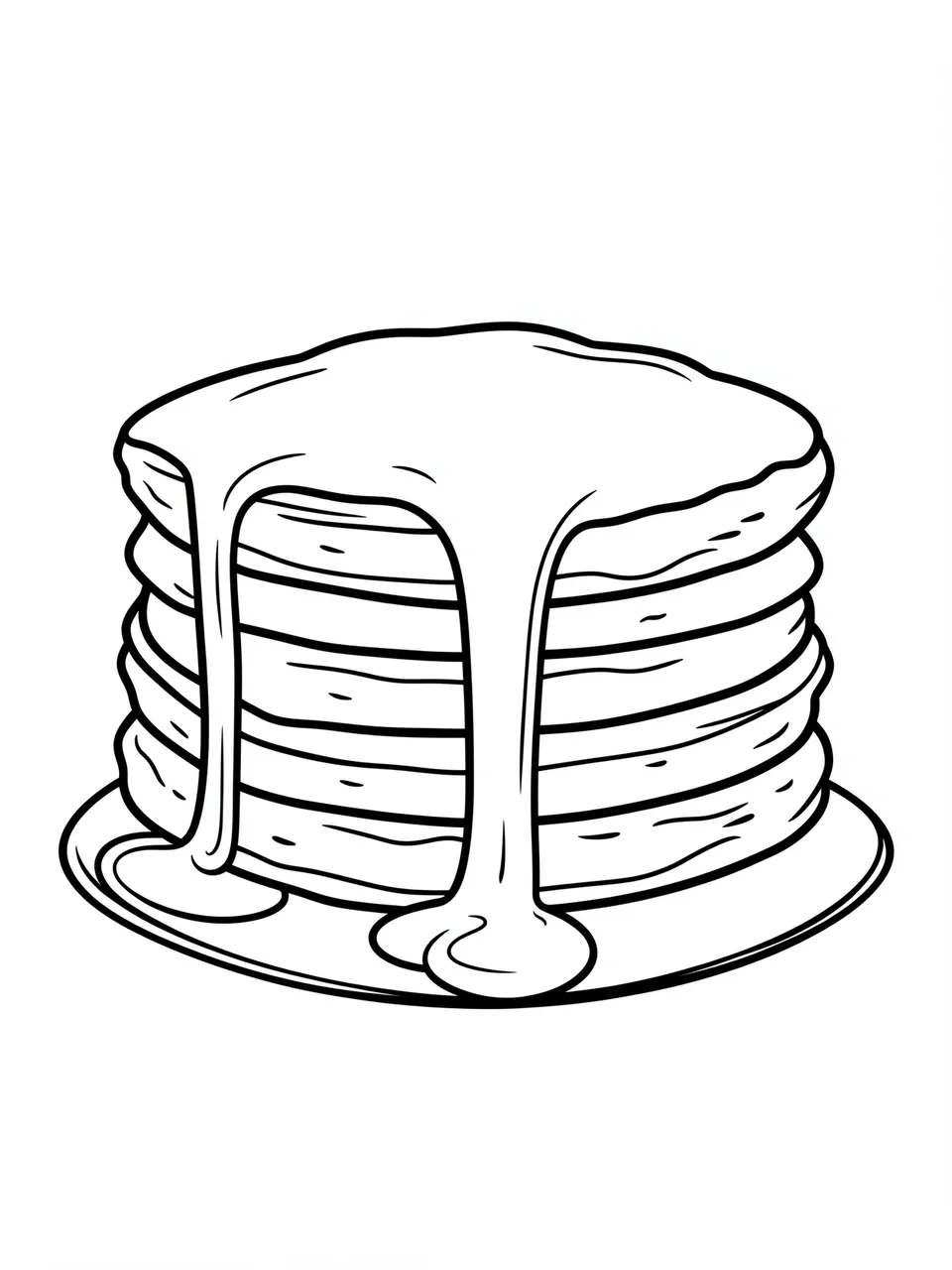 Black and white bold line art of a stack of pancakes with dripping syrup on a plate, on a plain white background