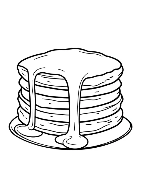 Black and white bold line art of a stack of pancakes with dripping syrup on a plate, on a plain white background
