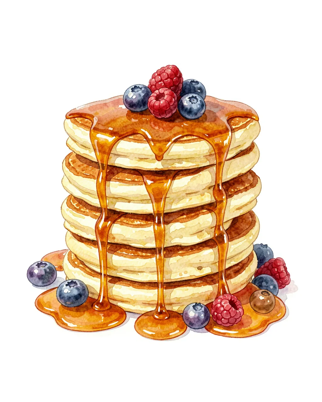 Watercolor illustration of a tall stack of pancakes drizzled with syrup and topped with fresh berries on a plain white