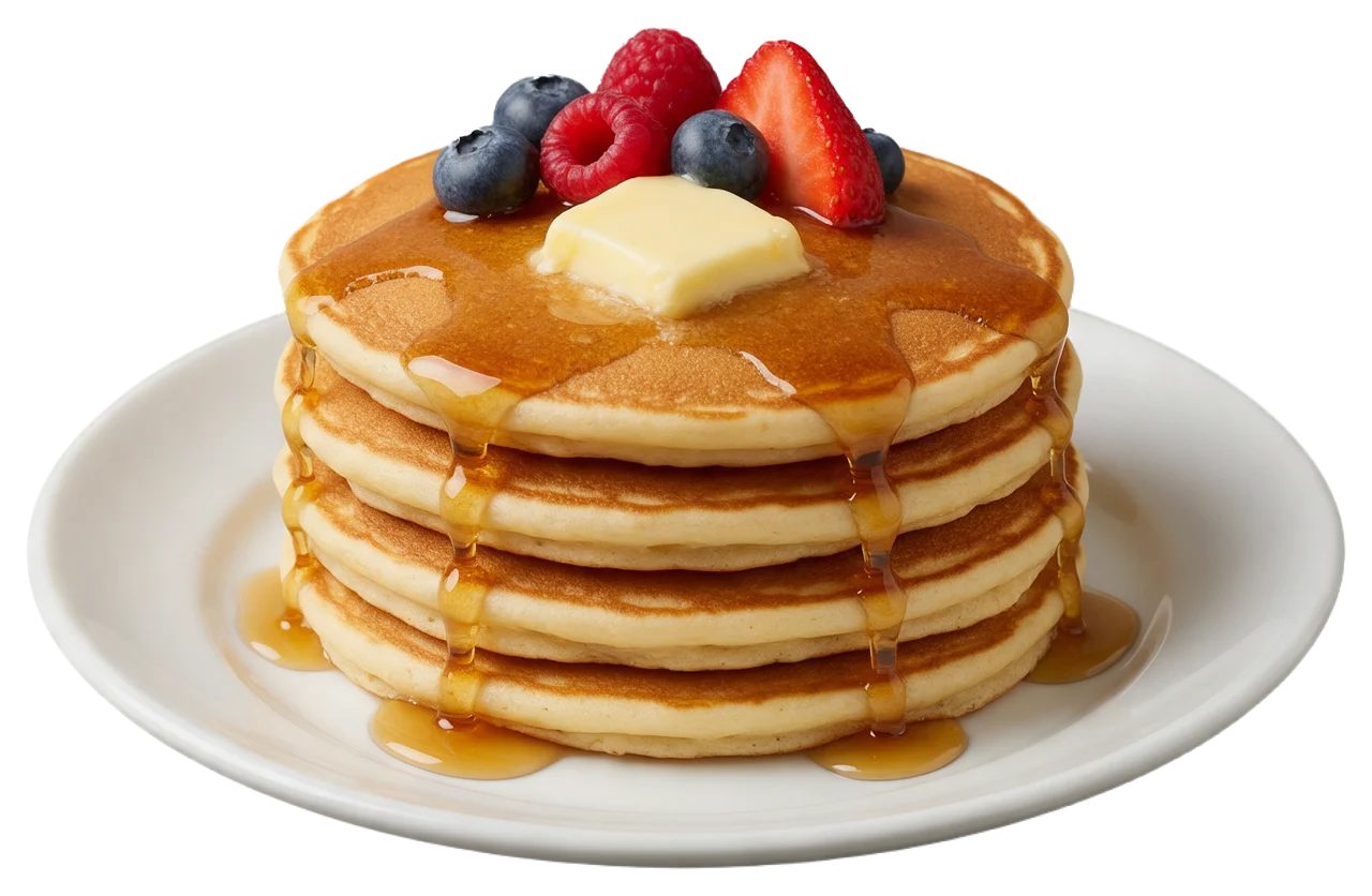 Fluffy stack of pancakes topped with butter, maple syrup and fresh berries on a white plate
